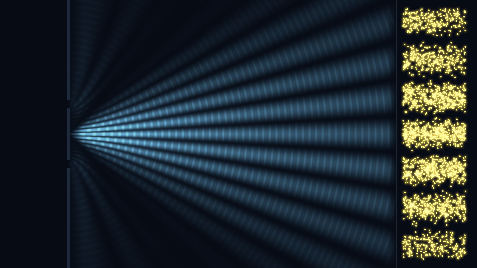 The two-slit pattern as a glowing field, with amber events on the screen